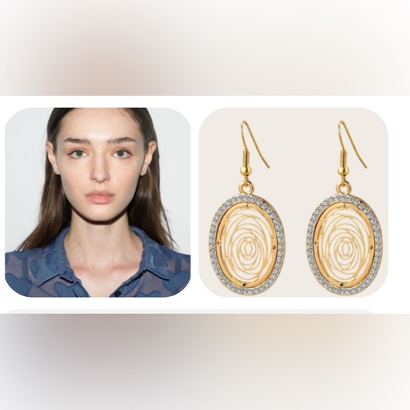 Camellia Flower Round Rhinestone Gold  Drop Earrings - Picture 4 of 13